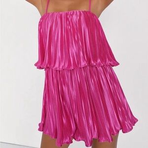 Lulu’s Fun Flirt Hot Pink Satin Plisse Sleeveless Romper